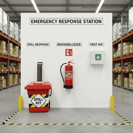 Spill kit instructies met brandblusser, als er lekkages op het werk zijn en de werkzaamheden verstoord worden, gebruik een spill kit.