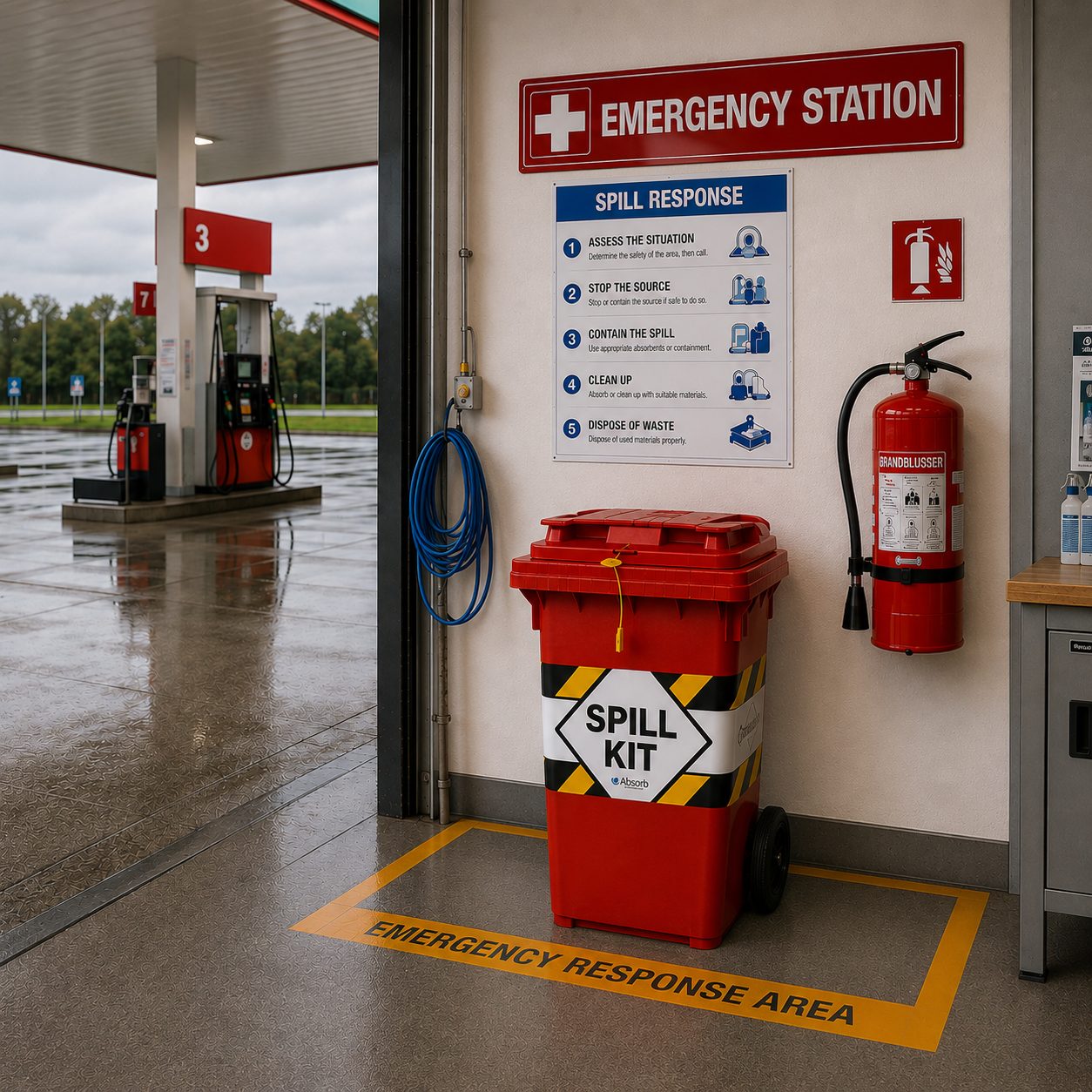 Rode spill kit bij benzinestation voor absorberen van olie benzine en diesel
