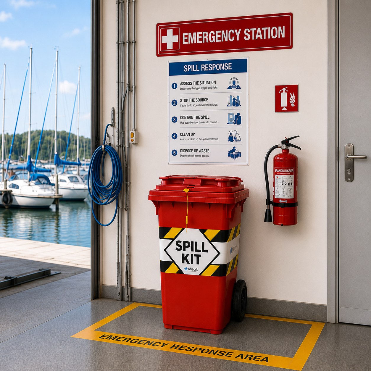 Rode spill kit in de opslag bij een jachthaven om olie te absorberen