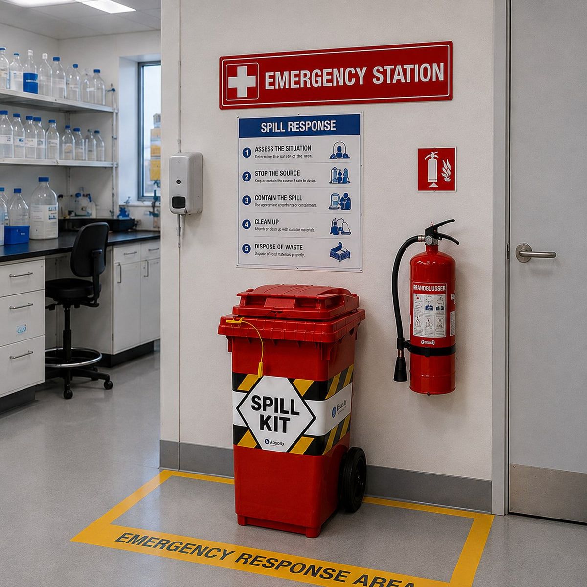 Rode spill kit voor lekkages in een laboratorium geleverd door absorptieshop