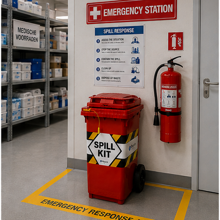 Rode spill kit in magazijn voor medische voorraden.