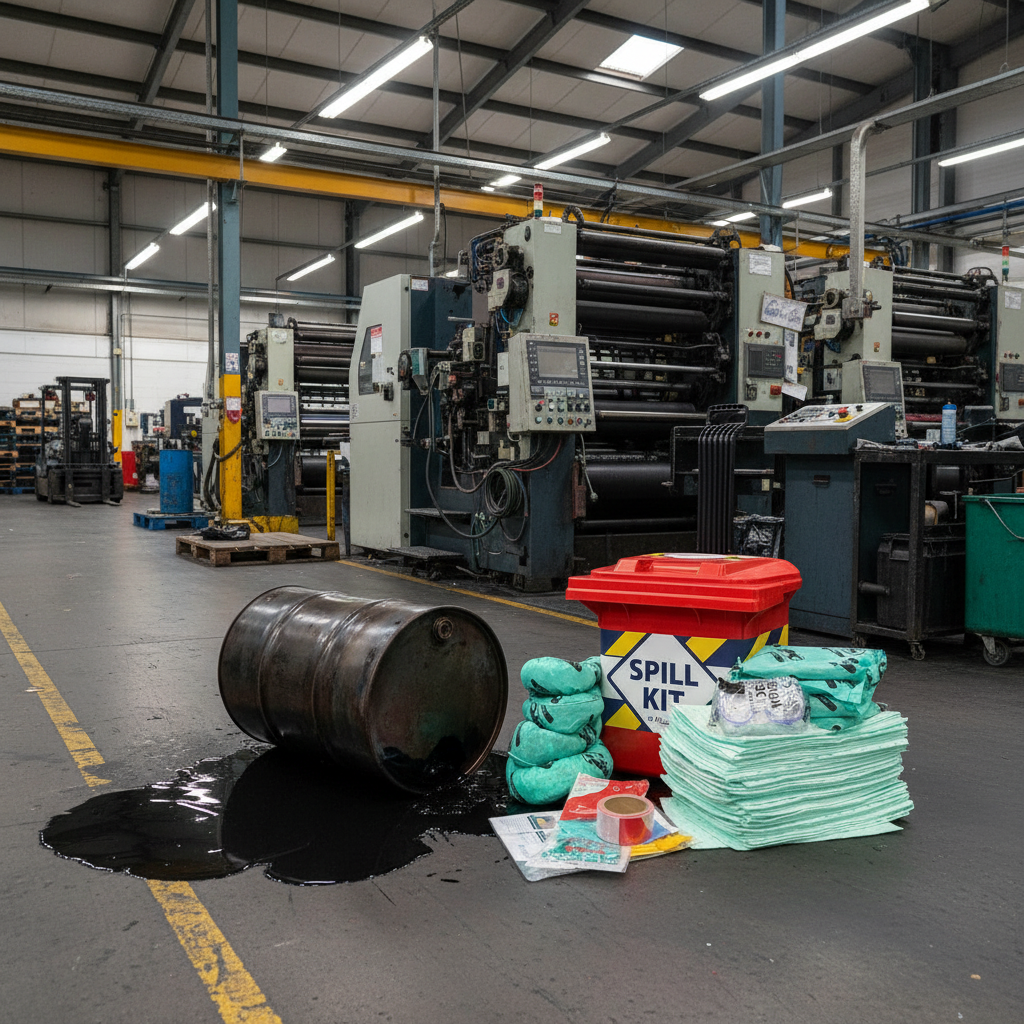 Spill kit naast omgevallen inktvat in drukkerij, spill kit te koop bij absorptieshop