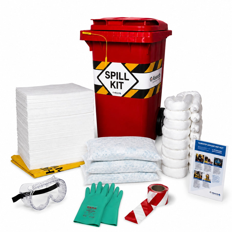 Rode spill kit van absorptieshop gevuld met oil only absoprtiemateriaal.