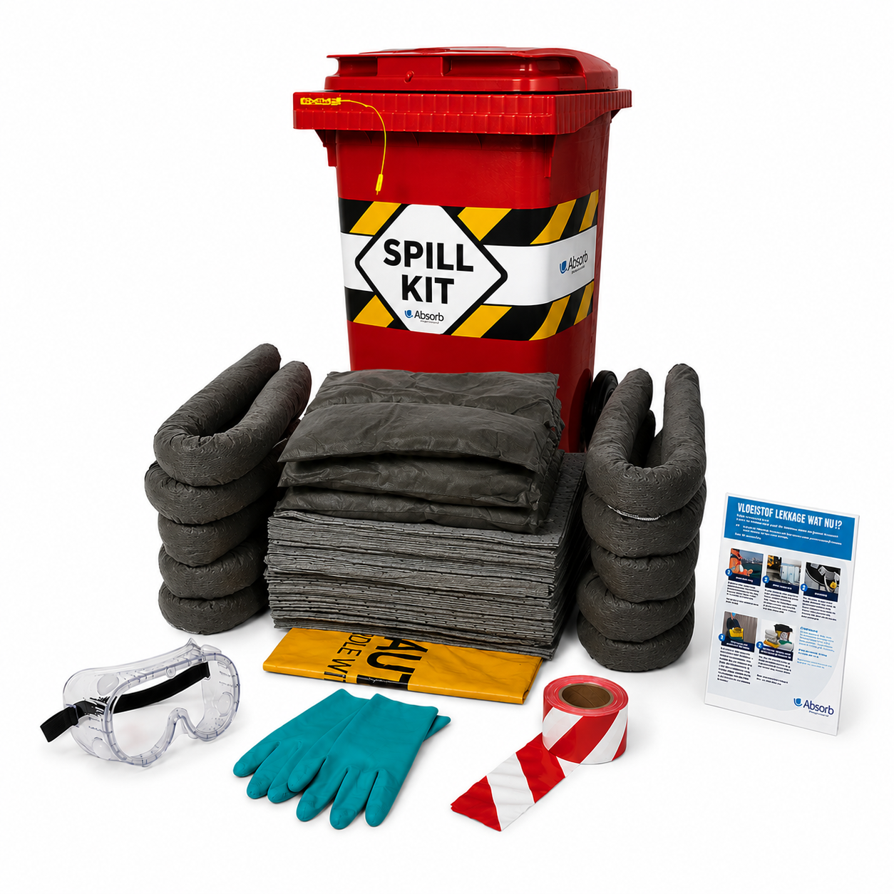 Spill kit universeel 120 liter met doeken, sokken,kussens, bril, handschoenen en lint en absorptie spill plan