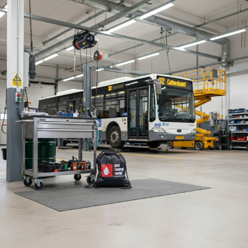 Spill kit rugzak in garage waar kans is op olielekkage van bus of oogwerke, absorptieshop.nl