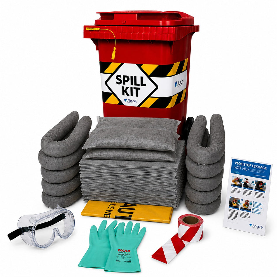 Spill kit op wielen van asborptieshop gevuld met absorptiematerialen