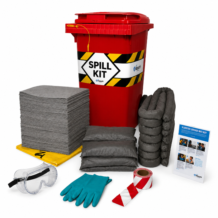 Rode Spill kit met doeken, sokken, kussens, overzetbril, handschoenen, afzetlint en een spill plan om lekkages te absorberen.