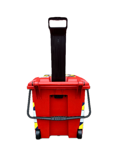 Achterkant rode chemie spill kit met handig uitschuifbaar handvat, om snel bij de lekkage te zijn. 