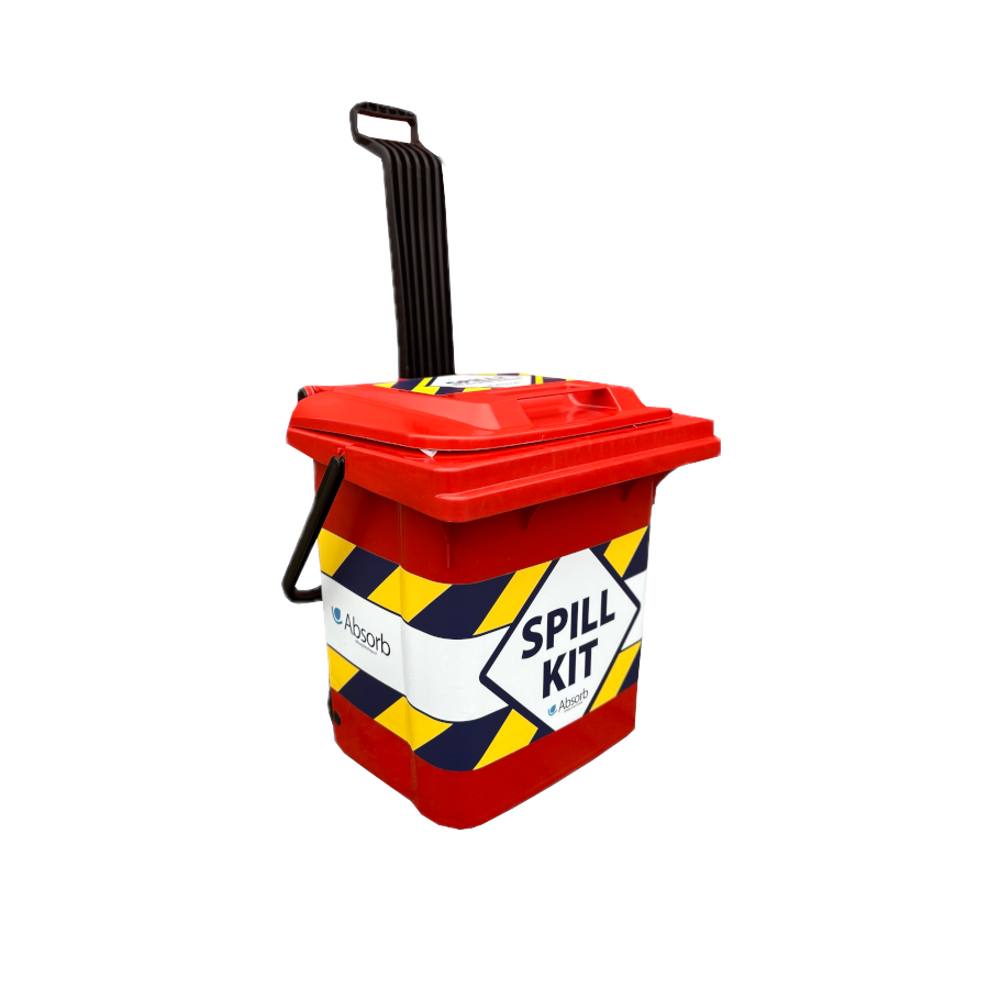Rode spill kit met uitschuifbaar handvat, voor bedrijven die werken met vloeistoffen en verplicht zijn om voorzorgsmaatregelen te nemen.