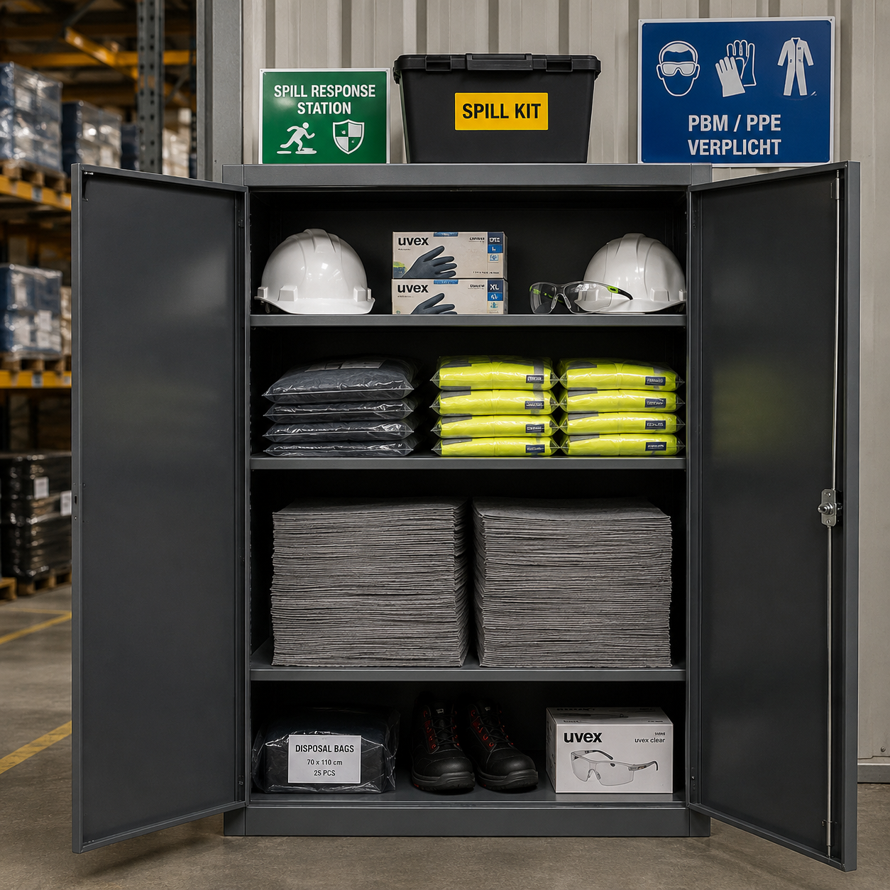 Kast met PBM's, absorptiedoeken en spill kit, absorptieshop.nl