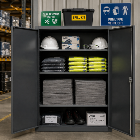 Kast met PBM's, absorptiedoeken en spill kit, absorptieshop.nl