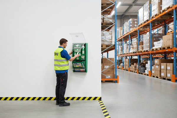 Werknemer bij groene Cederroth EHBO-kast met pleisters, kast te koop absorptieshop