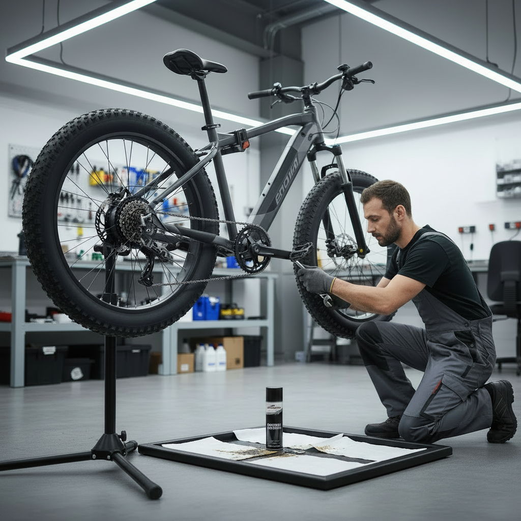 Witte absorptiepads onder fatbike bij monteur, die werkt met olie en mogelijk knoeit met de olie