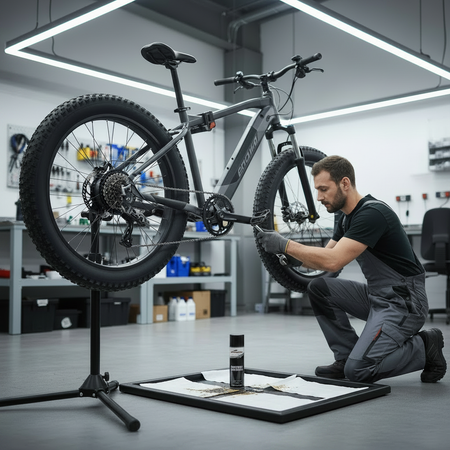 Witte absorptiepads onder fatbike bij monteur, die werkt met olie en mogelijk knoeit met de olie